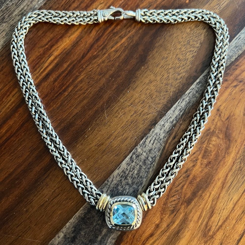 Authentic DAVID YURMAN Double Wheat Blue Topaz Cable Silver & 14K Gold Necklace
